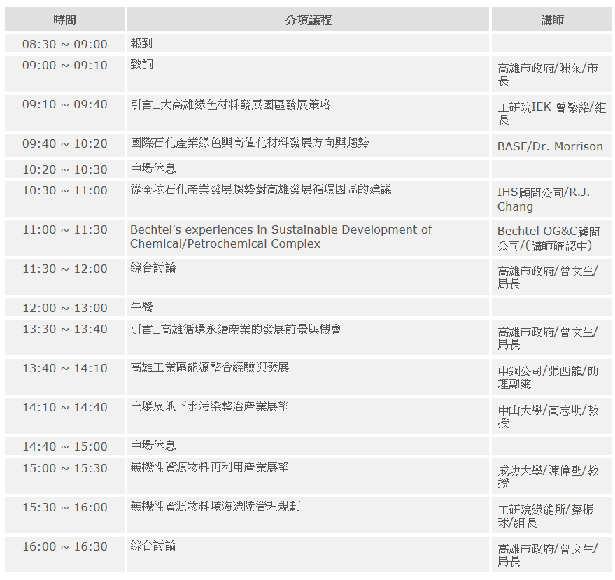 「高雄市綠色材料循環園區發展規劃」論壇時程表