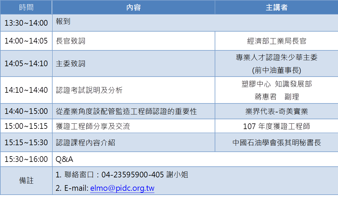 「配管監造工程師」專業人才認證暨獲證者分享說明會議程(詳如附件檔案)