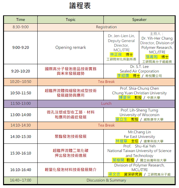 輕量化發泡材料與技術研討會議程表